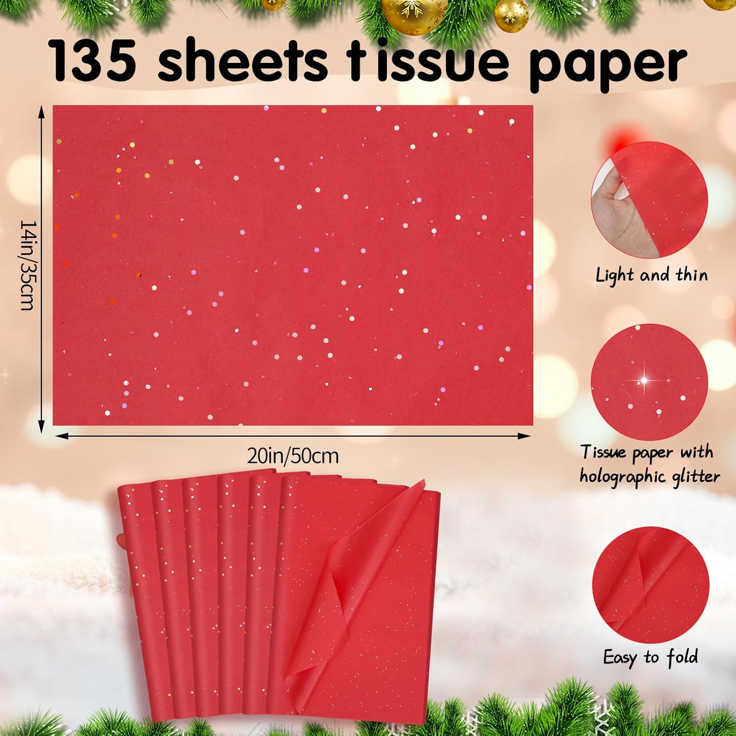 135 Sheets Glitter Tissue Paper For Gift Bags 20 X 14 Inch Red Tissue Paper With Sparkle For Valentine'S Day Wedding Birthday Holiday Decor Art Diy Crafts