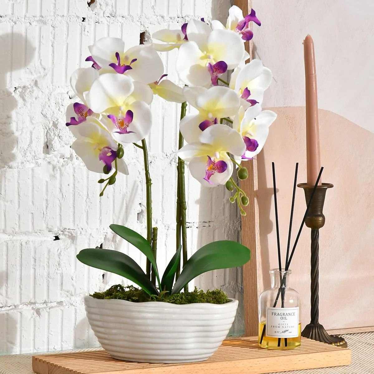 Large Artificial Potted Orchid Plant, Silk Flower Arrangement With Ceramics Vase, White