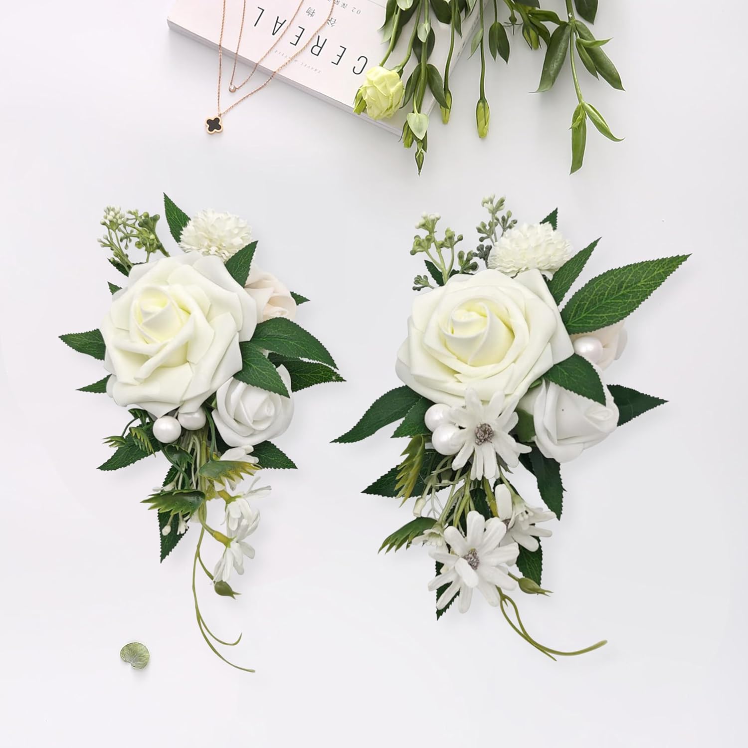 2Pcs Artificial Flower Shoulder Corsages For Wedding, Mother Of The Bride Corsage, Party Prom Corsages For Ceremony Anniversary Party Home Decor (White)