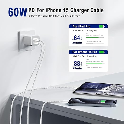 2 Pack USB C to USB C Fast Charging Cable 60W 3FT Woven Type C Charger for iPhone 17 16 15 iPad MacBook Samsung
