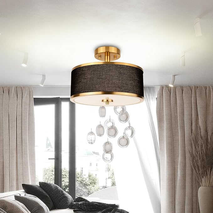 3 Light Gold Drum Ceiling Light with Black Fabric Shade Modern Semi Flush Mount Fixture