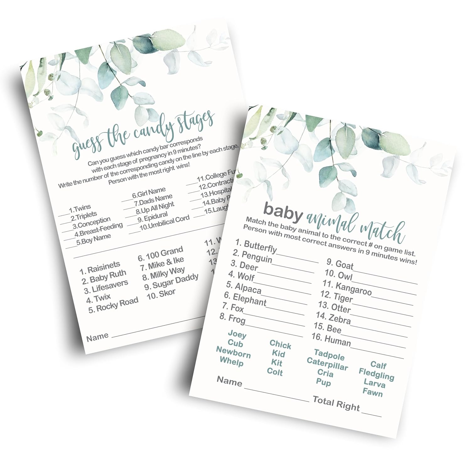 Greenery Baby Shower Animal Matching And Candy Bar Match Games, 25 Each, Double Sided 5X7 Cards, Rustic Eucalyptus And Gold Themed
