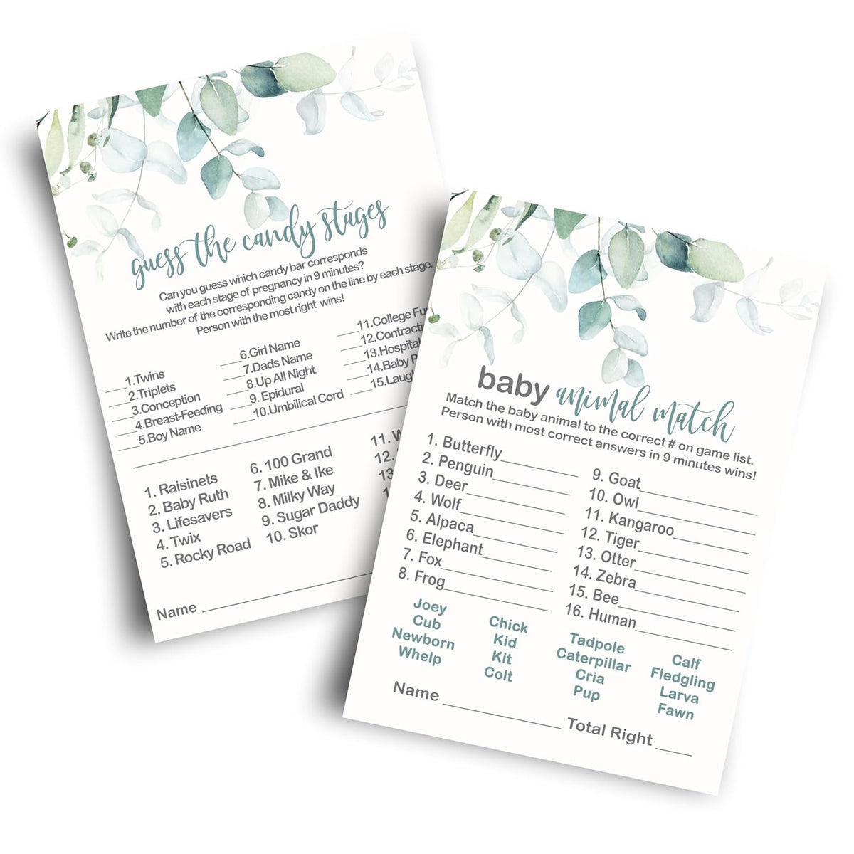 Greenery Baby Shower Animal Matching And Candy Bar Match Games, 25 Each, Double Sided 5X7 Cards, Rustic Eucalyptus And Gold Themed