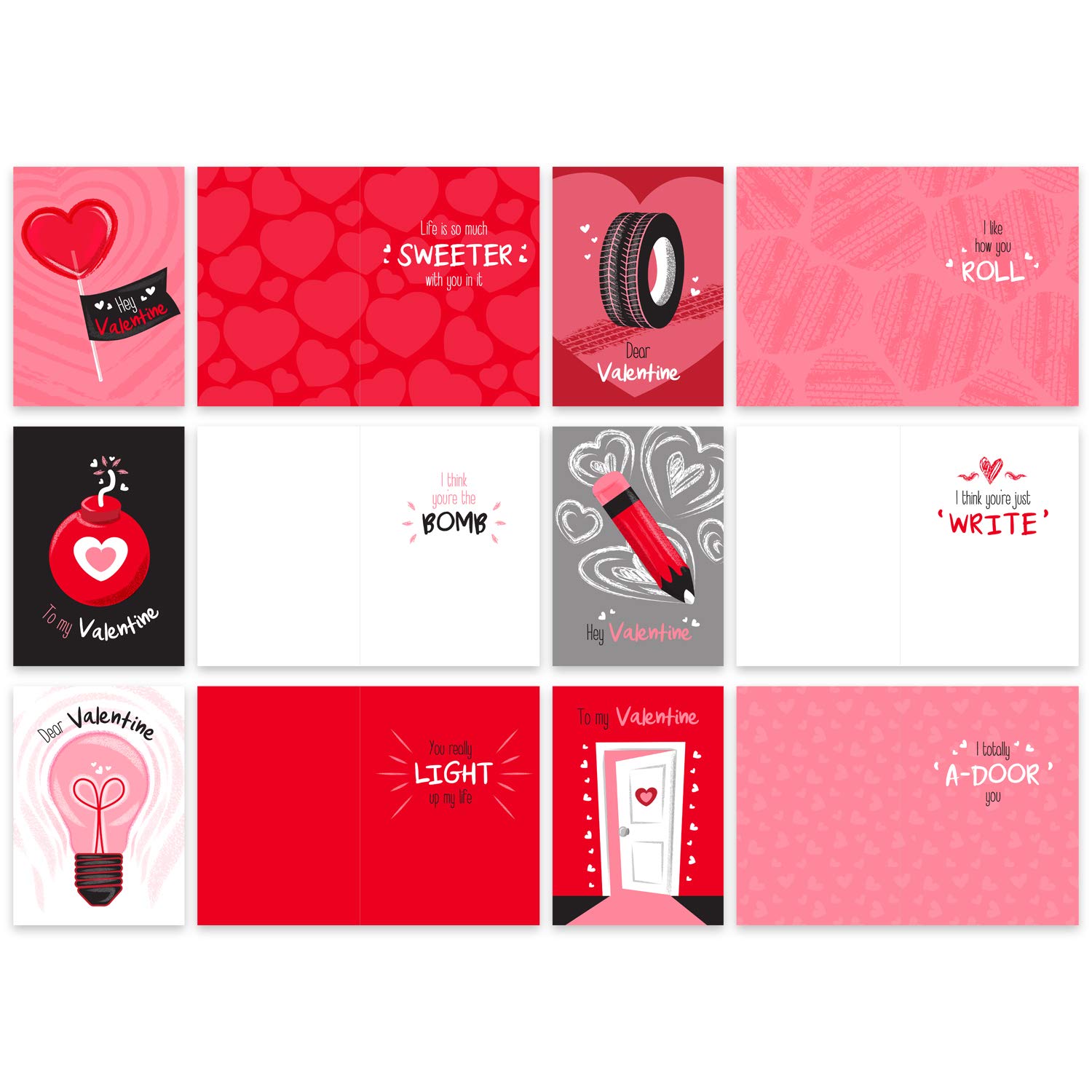 Illustrated Valentine'S Day Card Assortment / 12 Non-Romantic Valentine Friendship Cards With White Envelopes / 5" X 7" Funny Love Cards / 6 Heart Designs/Made In The Usa