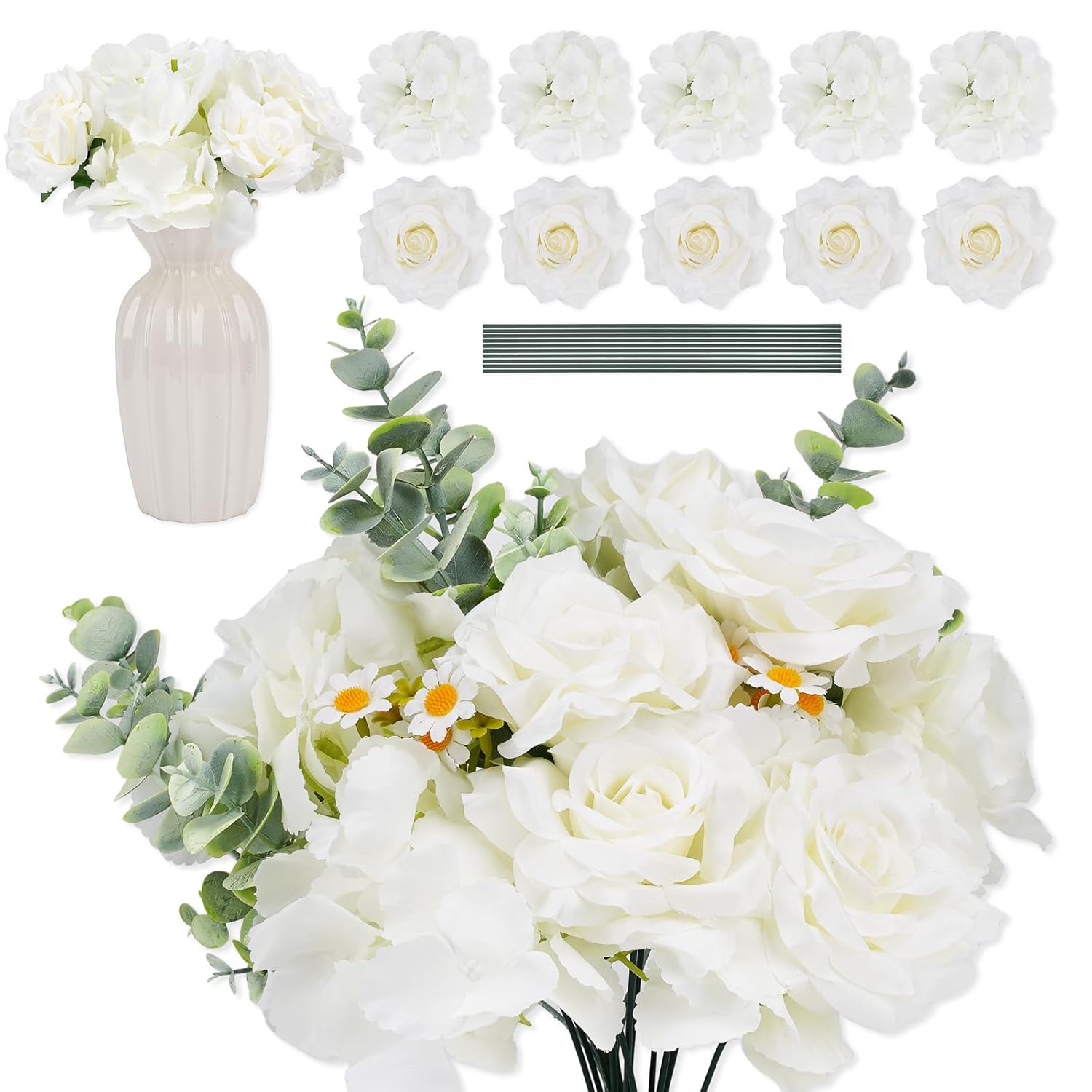 10Pcs Fake Flowers Bouquet, Artificial Hydrangea And White Roses, Faux Silk Flowers For Wedding Centerpieces Table Decor, Vase Fillers, Home Decor - White Artificial Flowers