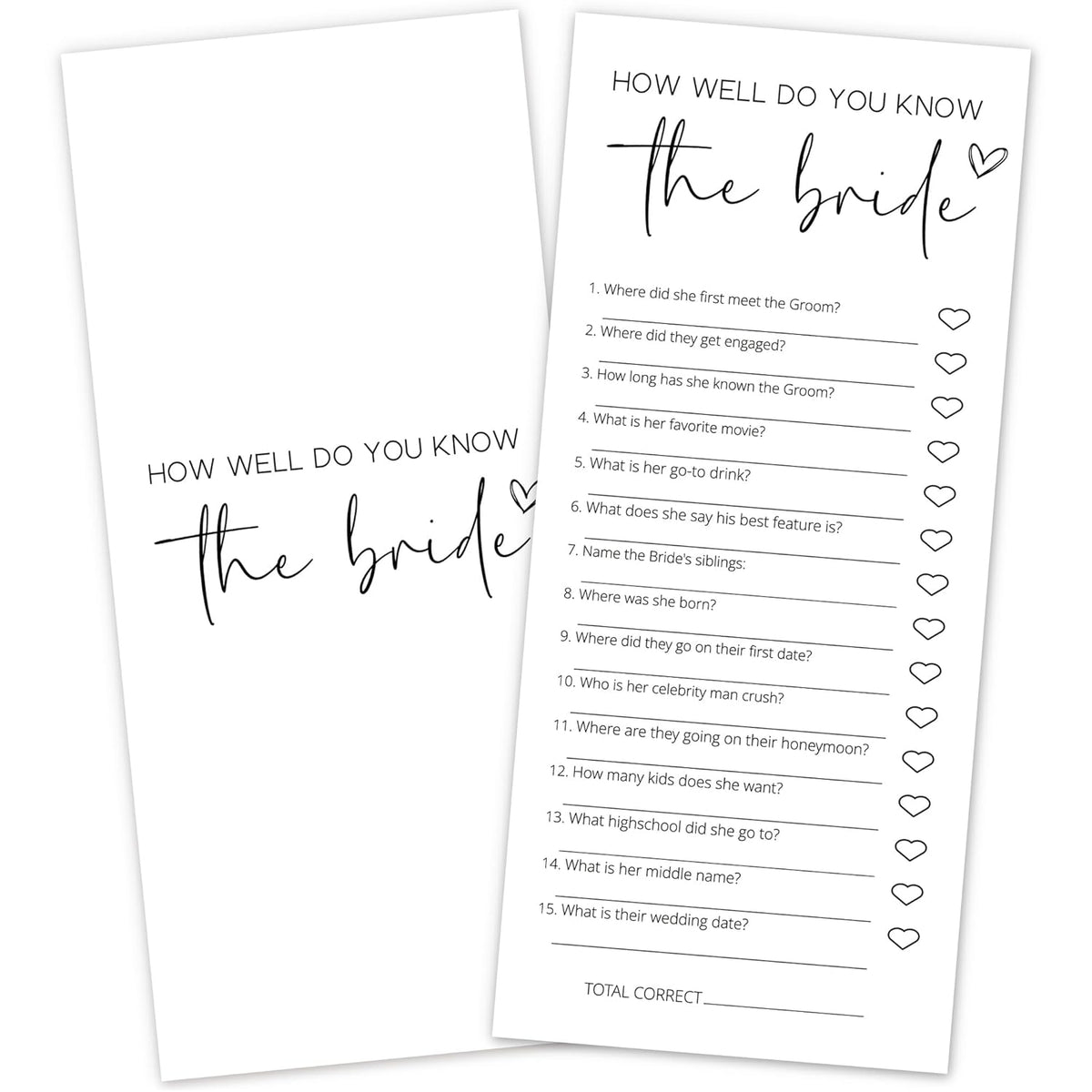 Bridal Shower Game Cards - How Well Do You Know The Bride For 25 Guests, Pre-Printed Double Sided 4X9 White Cards For Bachelorette & Wedding Shower Party