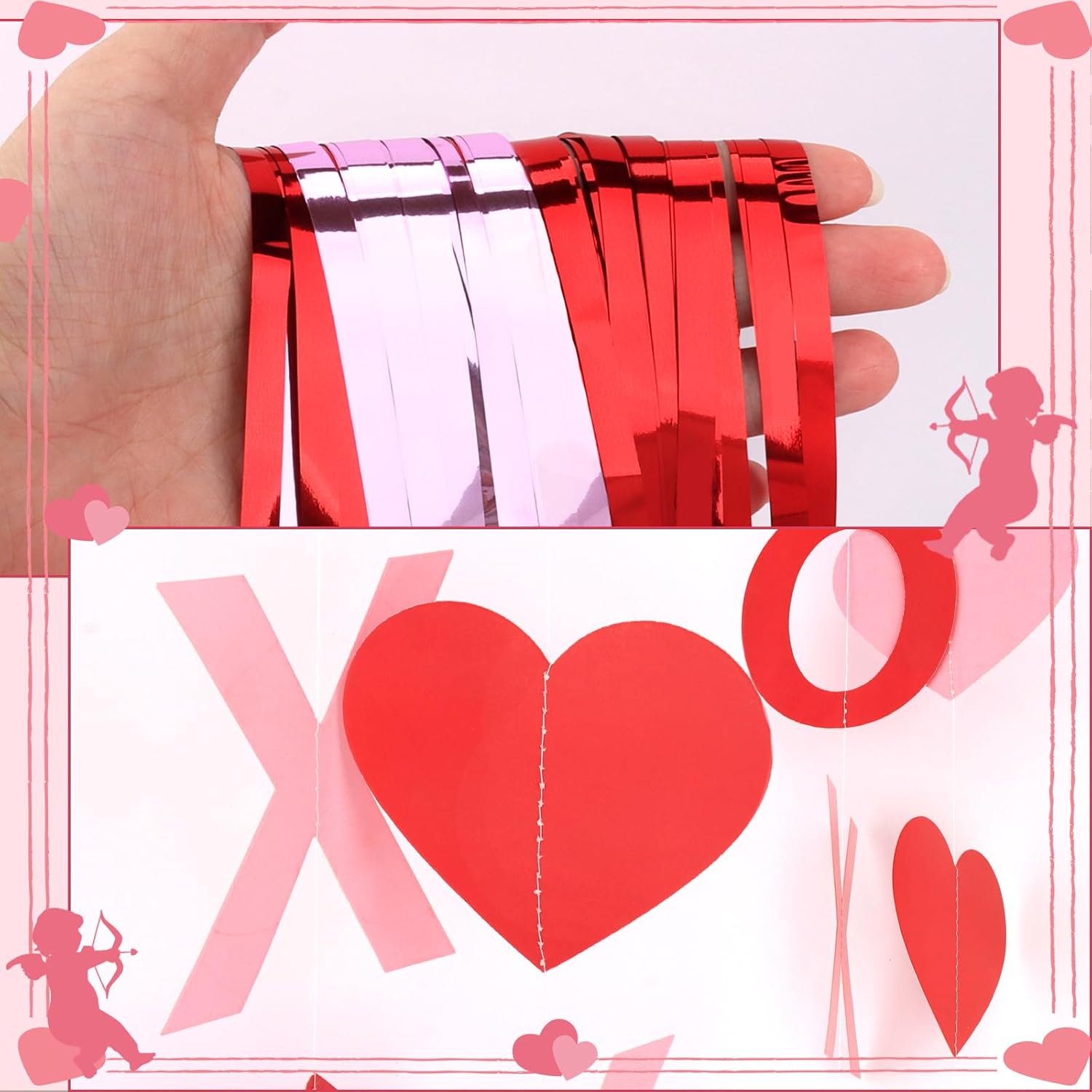 12 Pcs Valentines Day Decorations For Home, 8 Pcs Xoxo Garland Banner & 4 Pcs 3.3 X 6.6 Ft Tinsel Backdrop Fringe Curtains For Valentine'S Day