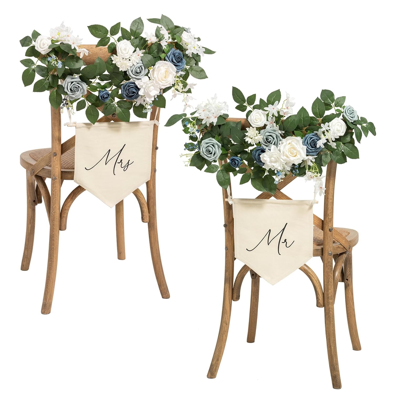 Mr And Mrs Sign,Bride And Groom Chair Sign For Wedding Chair Decor,2 Pack Artificial Flower Garland For Wedding,Party,Home Centerpiece Table Decorations (Dusty Blue & Navy)