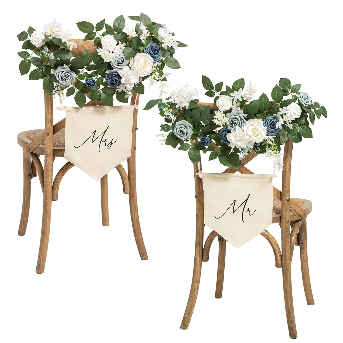 Mr And Mrs Sign,Bride And Groom Chair Sign For Wedding Chair Decor,2 Pack Artificial Flower Garland For Wedding,Party,Home Centerpiece Table Decorations (Dusty Blue & Navy)