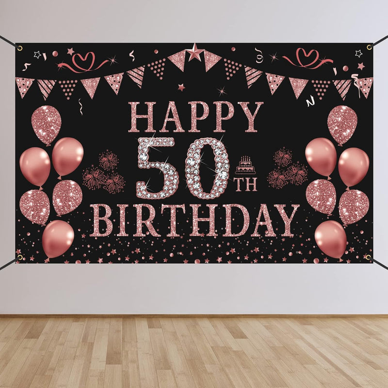 50Th Birthday Decorations For Women - Rose Gold 50Th Birthday Banner B