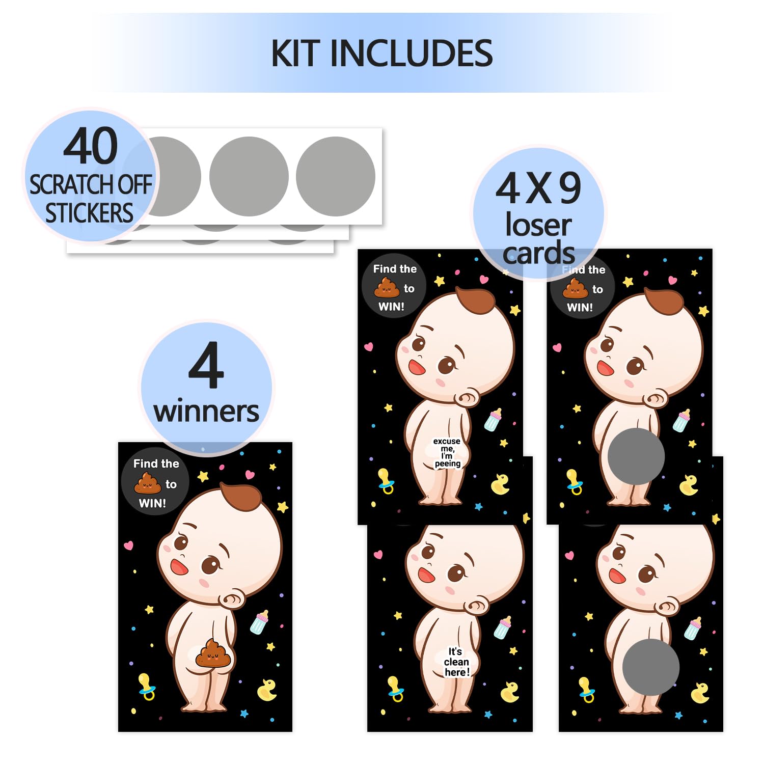 Baby Shower Games - 40 Raffle Cards, Prizes & Ice Breaker Activities - 3 Winners, 4 Loser Card Designs - Boys (Black)