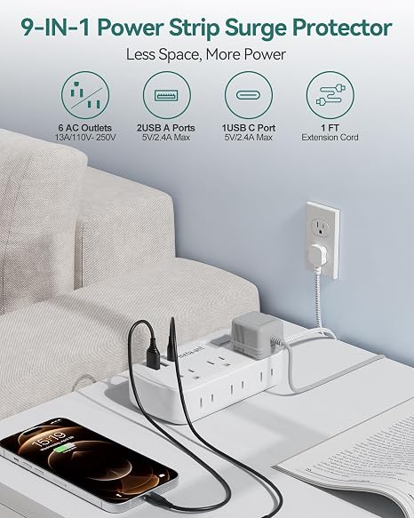 6 Outlet Mini Power Strip 3 USB Ports 1FT Flat Plug Surge Protector
