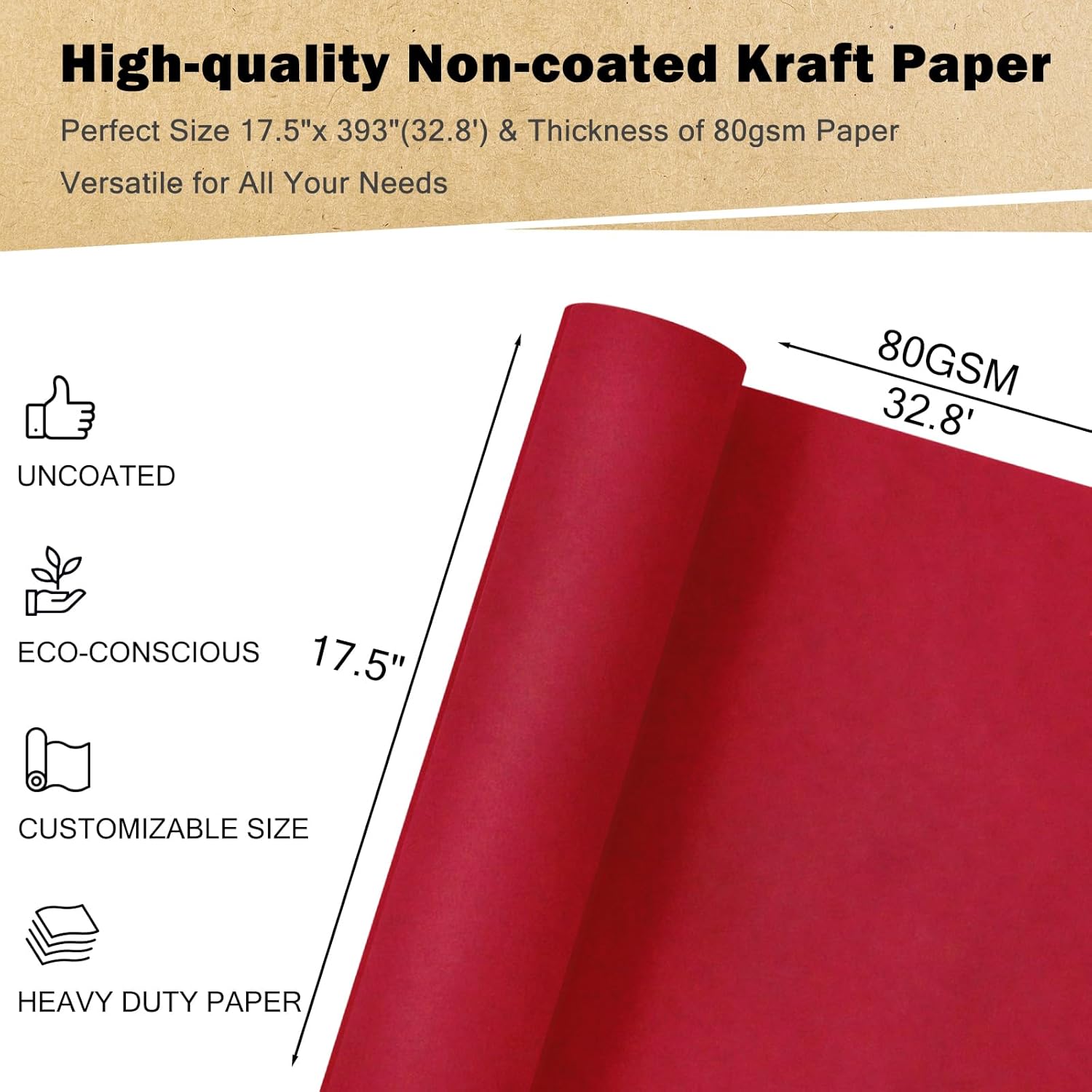 Red Kraft Wrapping Paper Roll, 17.5"X 393"(32.8'), Recyclable Red Gift Wrap Paper For Christmas Gift Wrapping, Table Covering, Art & Craft Supplies, Mother'S Day Bouquet Flower, 80Gsm