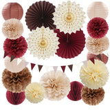 Burgundy Brown Beige Boho Party-Decorations - 20pcs Dusty Pink Fall Birthday Paper Lanterns Fans,Tissue Pom Poms,Honeycomb Balls,Autumn Wedding Bridal Shower Rustic Neutral Baby Decor