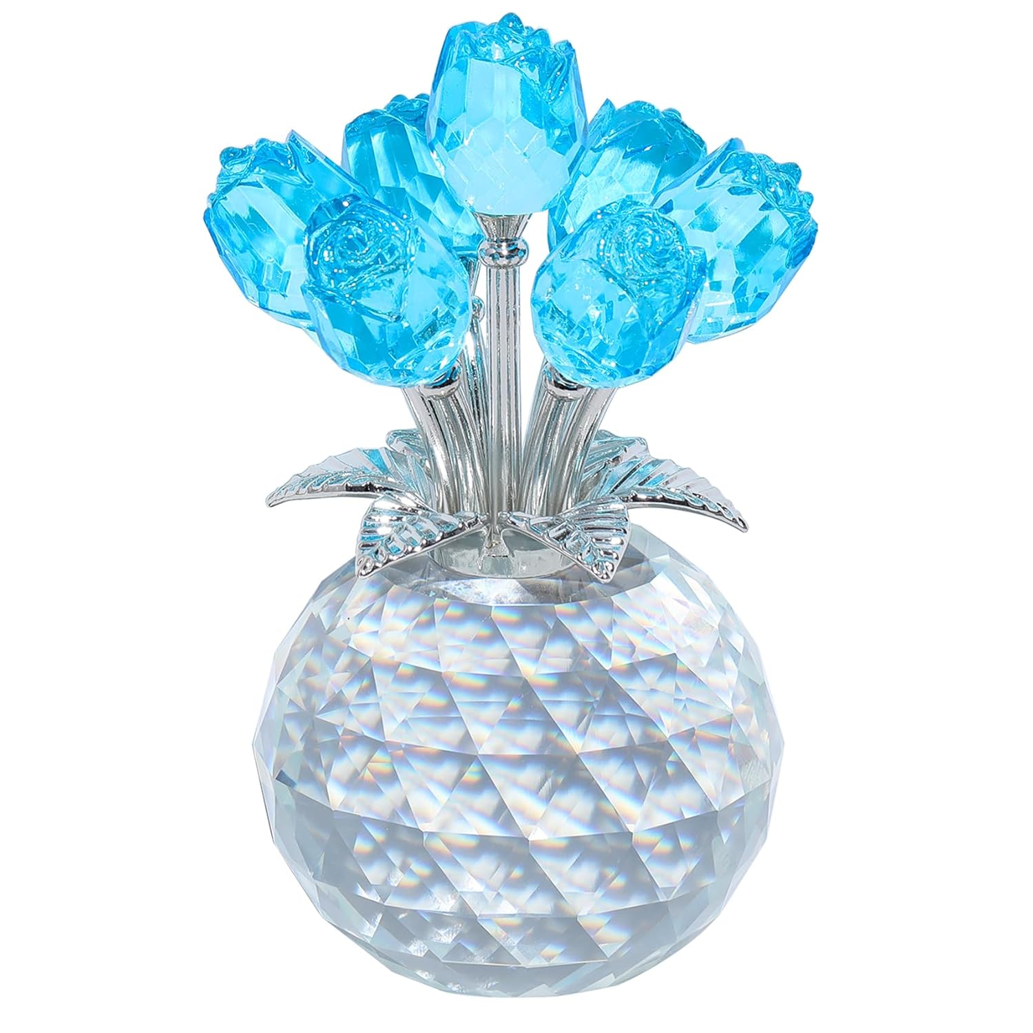 Crystal Lake Blue Rose Bouquet Figurine With Round Vase, Romantic Glass Rose Flower Gifts For Women Mom On Anniversary Birthday Christmas, Rose Collectible Figurine For Wedding Home Decorations