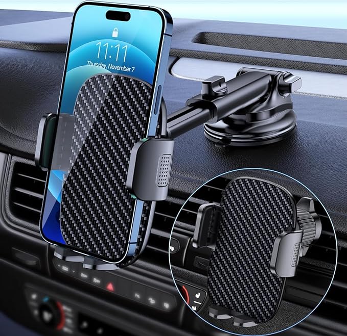 Universal Car Phone Mount for Windshield, Dashboard & Air Vent - Carbon Fiber