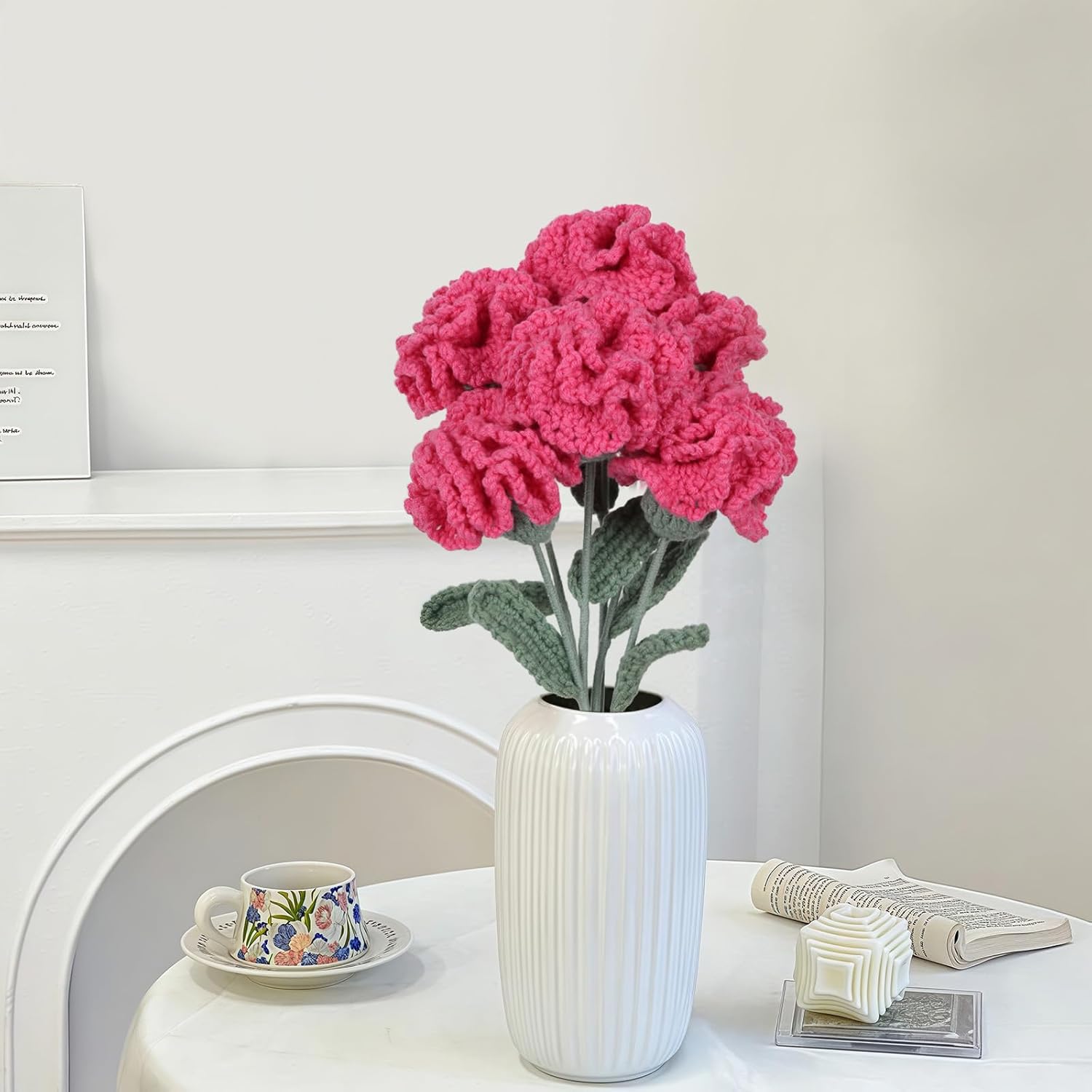 Crocheted Flowers Fake Carnations 6Pcs Hot Pink Artificial Flowers 16.9” Handmade Carnation Flowers With Bendable Long Stem For Vase Room Kitchen Table Decorations(Hot Pink)