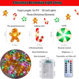 Christmas Lights Indoor Decorations 16.7Ft 50 Led Gingerbread Man Candy Crutches Lights Battery Powered Christmas Light