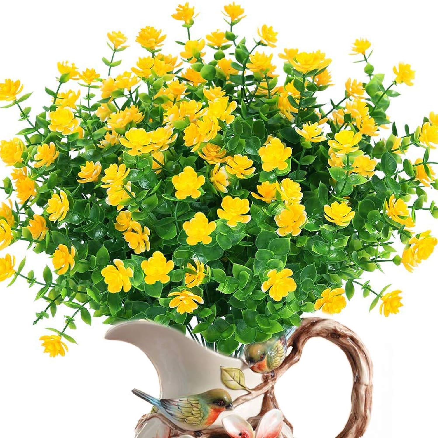 8 Bundles Artificial Flowers Outdoor Fake Mums Uv Resistant Plastic Flowers Faux Plants Indoor Outside Garden Porch Patio Window Box Wedding Home Décor (Yellow/8Pcs)