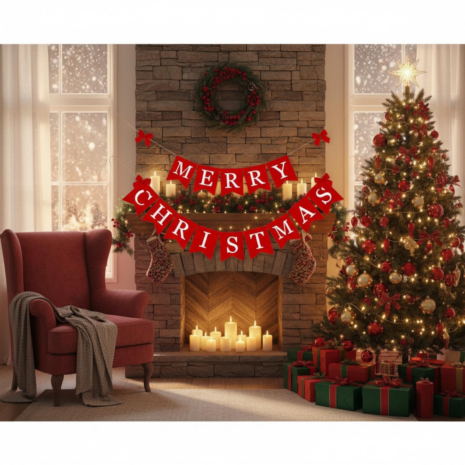 Merry Christmas Banner Xmas Burlap Bunting Garland Christmas Decorations For Fireplace Chimney Wall Tree Party Indoor Outdoor Party Office Classroom(Red)