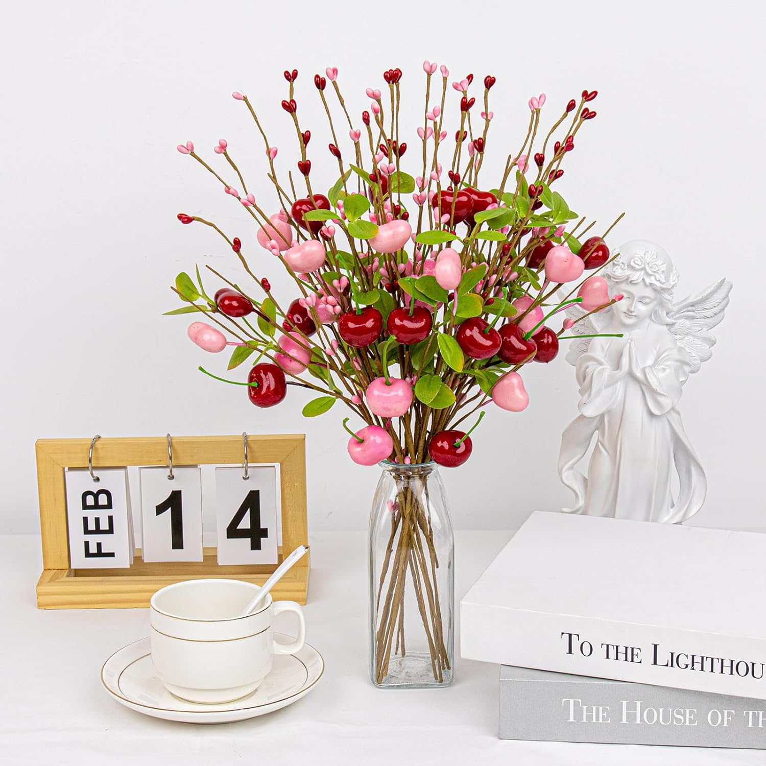 12 Pcs Valentine Table Centerpieces 17 Inches Valentines Picks Valentines Day Floral Stems Romantic Heart Flower Picks With Cherry For Gift Vase Table Centerpiece Wedding Indoor Decor