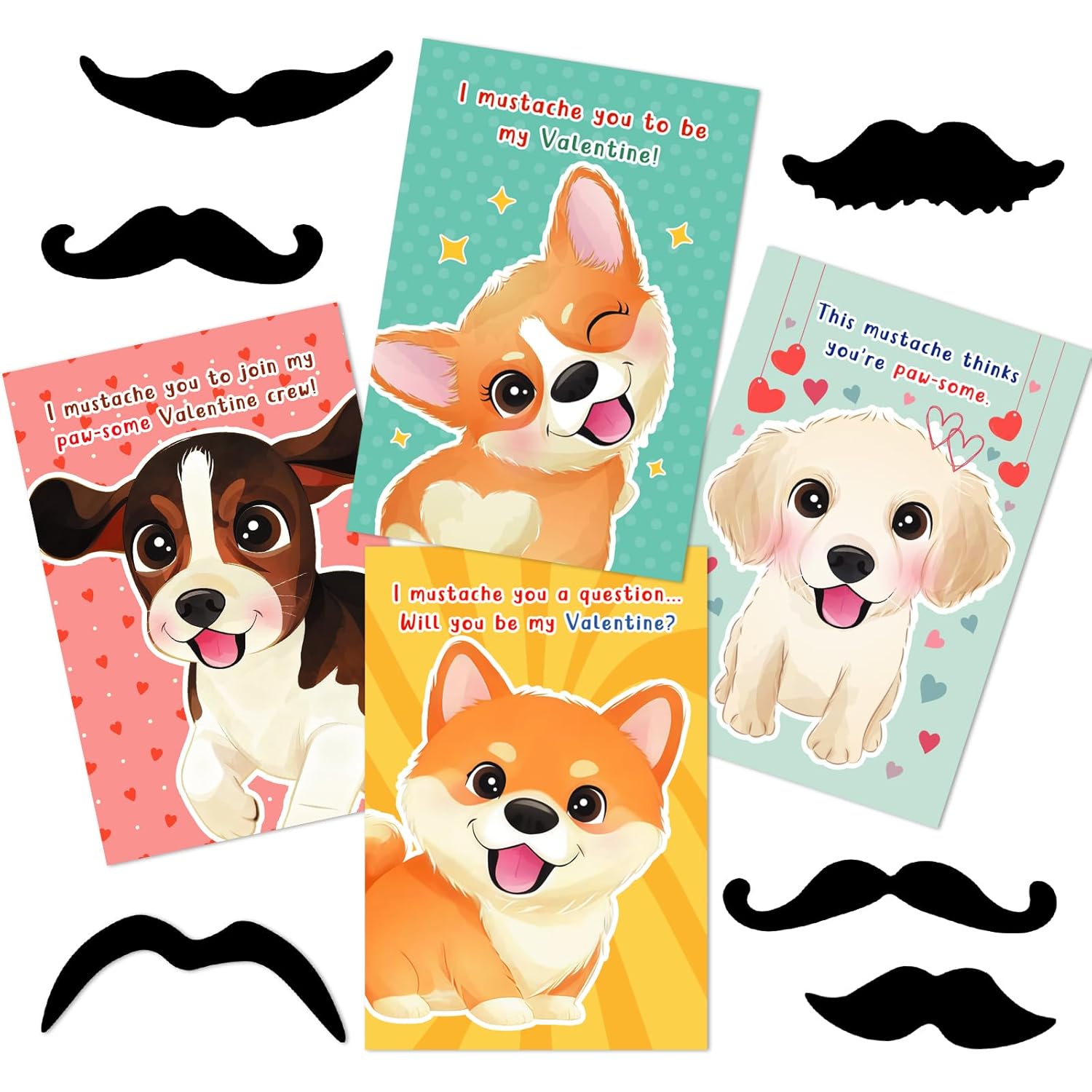 24Pcs Valentines Day Cards For Kids, Funny Valentine’S Day Greeting Cards With Mustaches For Classroom Exchange Activity, Kids Valentine Exchange Gift Card For Class Party, 6 Cute Puppy Designs