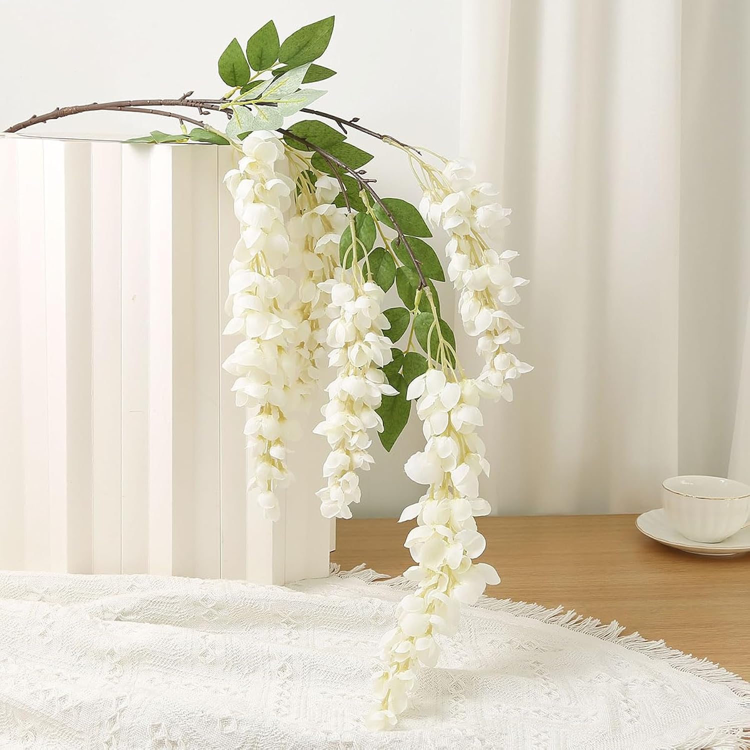 4Pcs 47.2-Inch Artificial Fake Wisteria Hanging Flower Garland Silk Flower String Home Party Decoration White Blue Pink Purple (White)