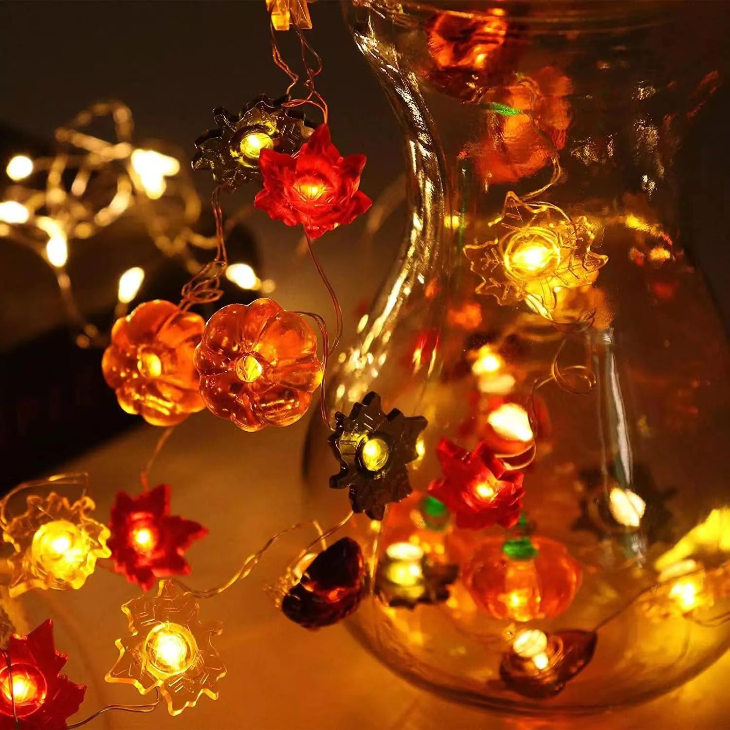 Thanksgiving Decoration 10Ft 30 Led 3D Pumpkin Maple Acorn Leaf String Lights Battery Operated Remote Timer Orange Fall