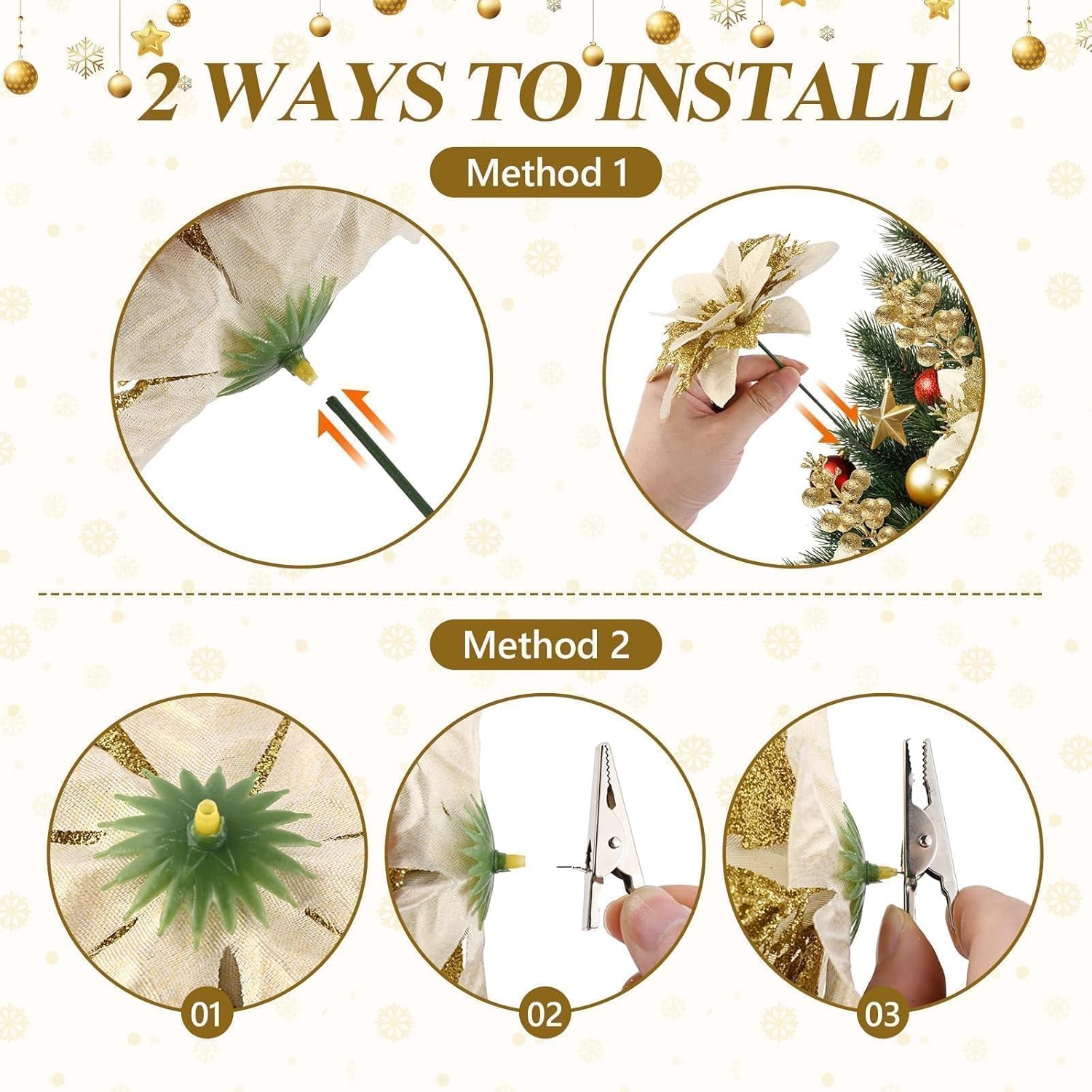 24Pcs Gold Poinsettia Flowers Artificial With Clips And Stems, Glitter Berry Stems For Christmas Tree Picks And Sprays Decorations, Large Xmas Tree Filler Garland Ornaments