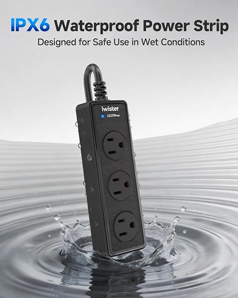 Outdoor Weatherproof Power Strip 3 Outlets IPX6 Waterproof 5FT Extension Cord 1625W 13A