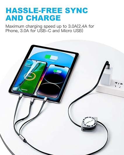 2 Pack Retractable 3 in 1 Multi Charging Cable 4FT 3A Fast Charger for iPhone Samsung USB C Micro USB