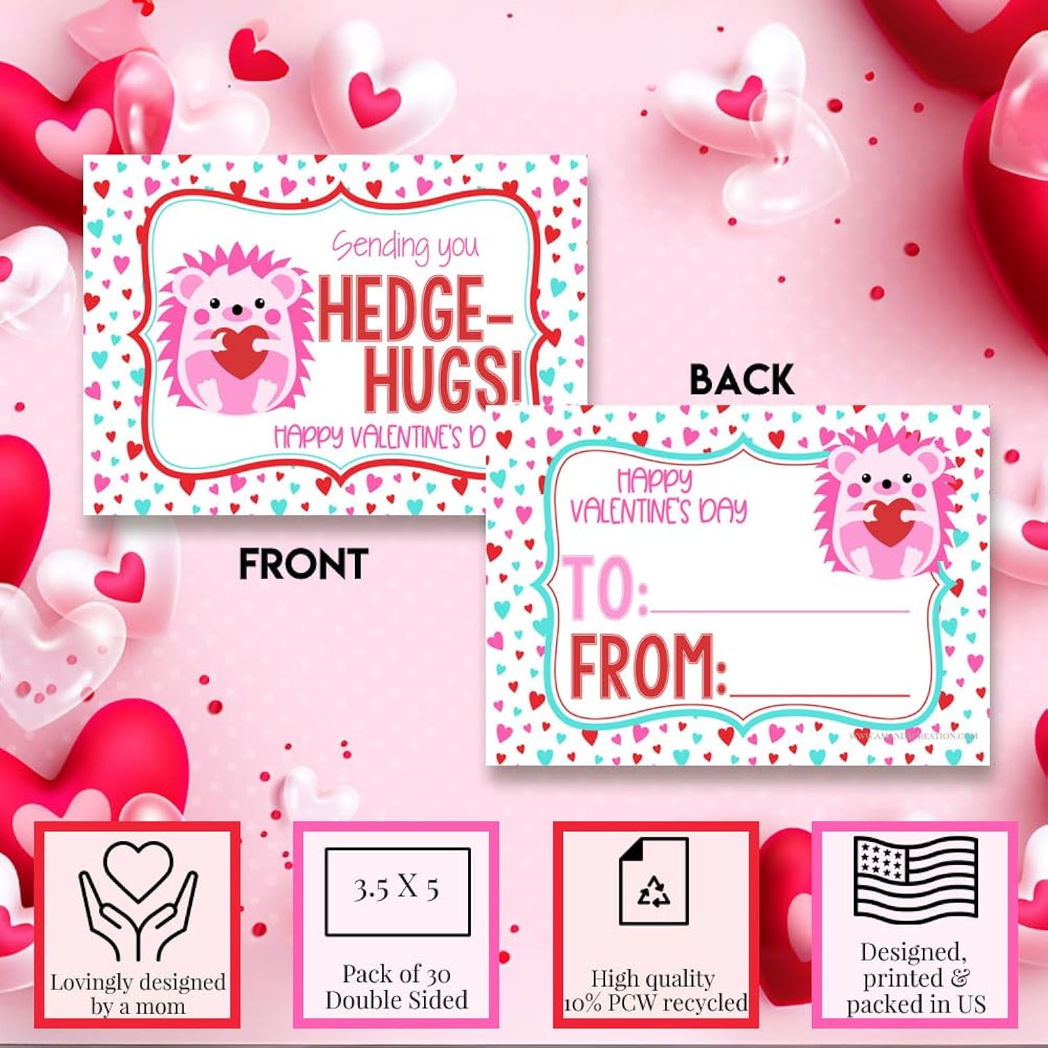 Valentine Hedge-Hugs Hedgehog Themed Valentine'S Day Cards For Kids To Give To Friends & Classmates, Thirty (30) 3.5" X 5" Fill-In Cards (Without Envelopes)