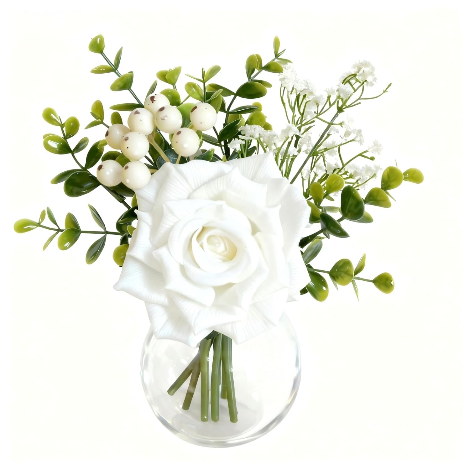 6 Pcs Artificial Flowers In Vase, Lifelike Fake Rose Eucalyptus Leaves & Baby Breath, Faux Flower Arrangements For Wedding Bride Bouquets Home Kitchen Table Decorations, White