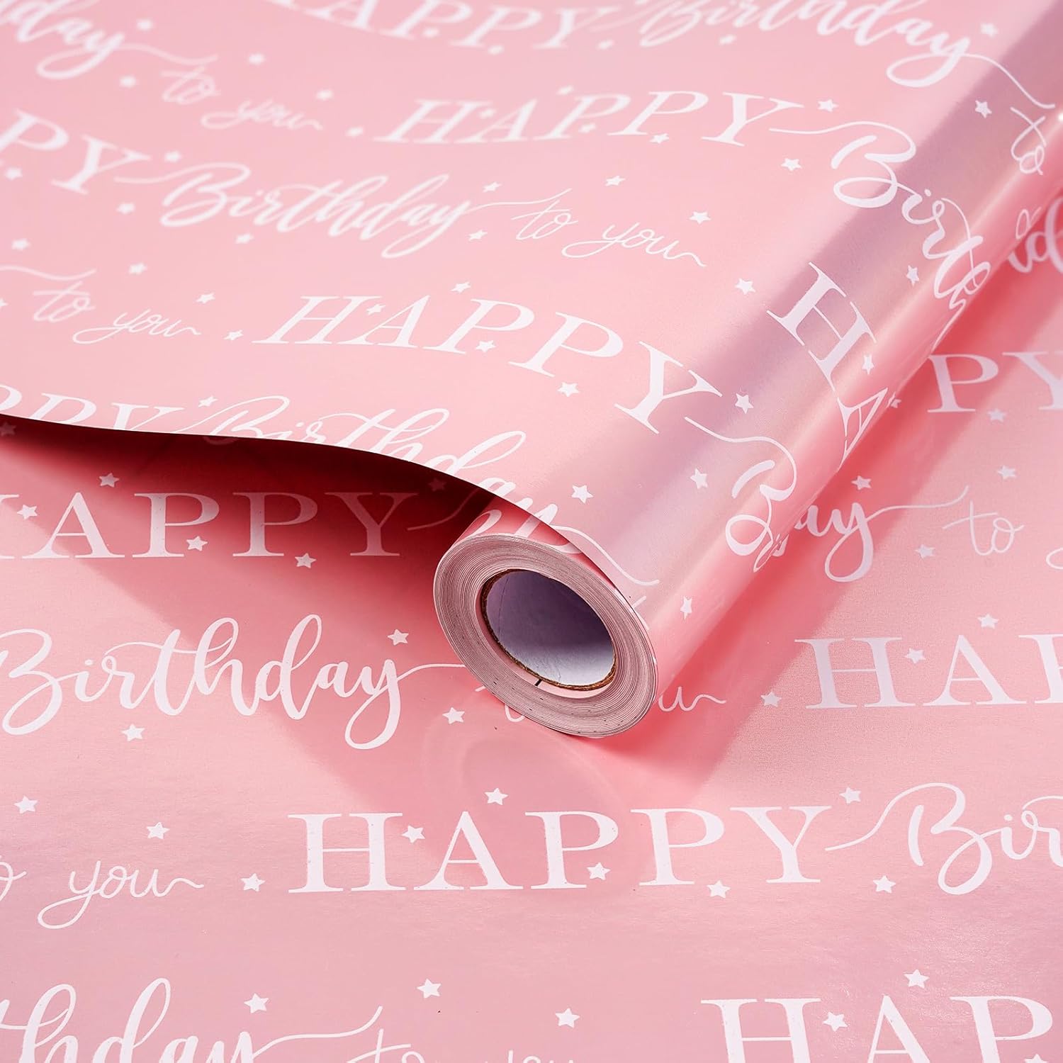 Pink Birthday Wrapping Paper Roll,Metallic Foil Gift Wrap For Women Girls, Shiny Star & Happy Birthday Lettering Design, 17" X 33 Ft (46.5 Sq.Ft)