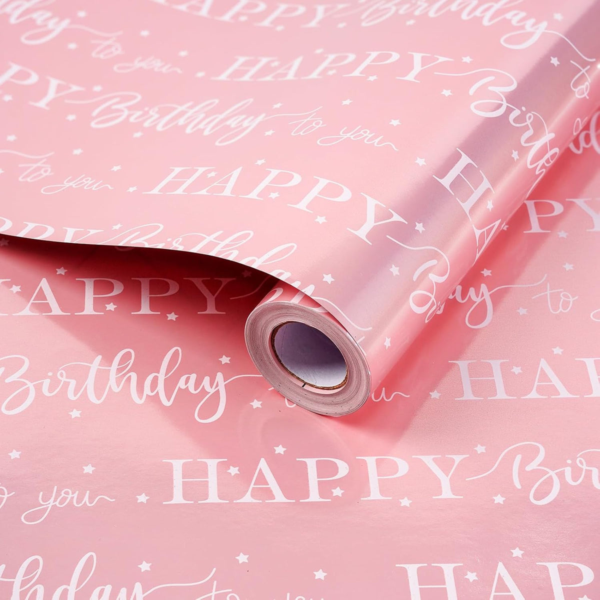 Pink Birthday Wrapping Paper Roll,Metallic Foil Gift Wrap For Women Girls, Shiny Star & Happy Birthday Lettering Design, 17" X 33 Ft (46.5 Sq.Ft)