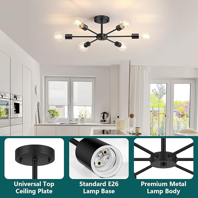 6 Light Black Sputnik Ceiling Light Modern Semi Flush Mount Fixture