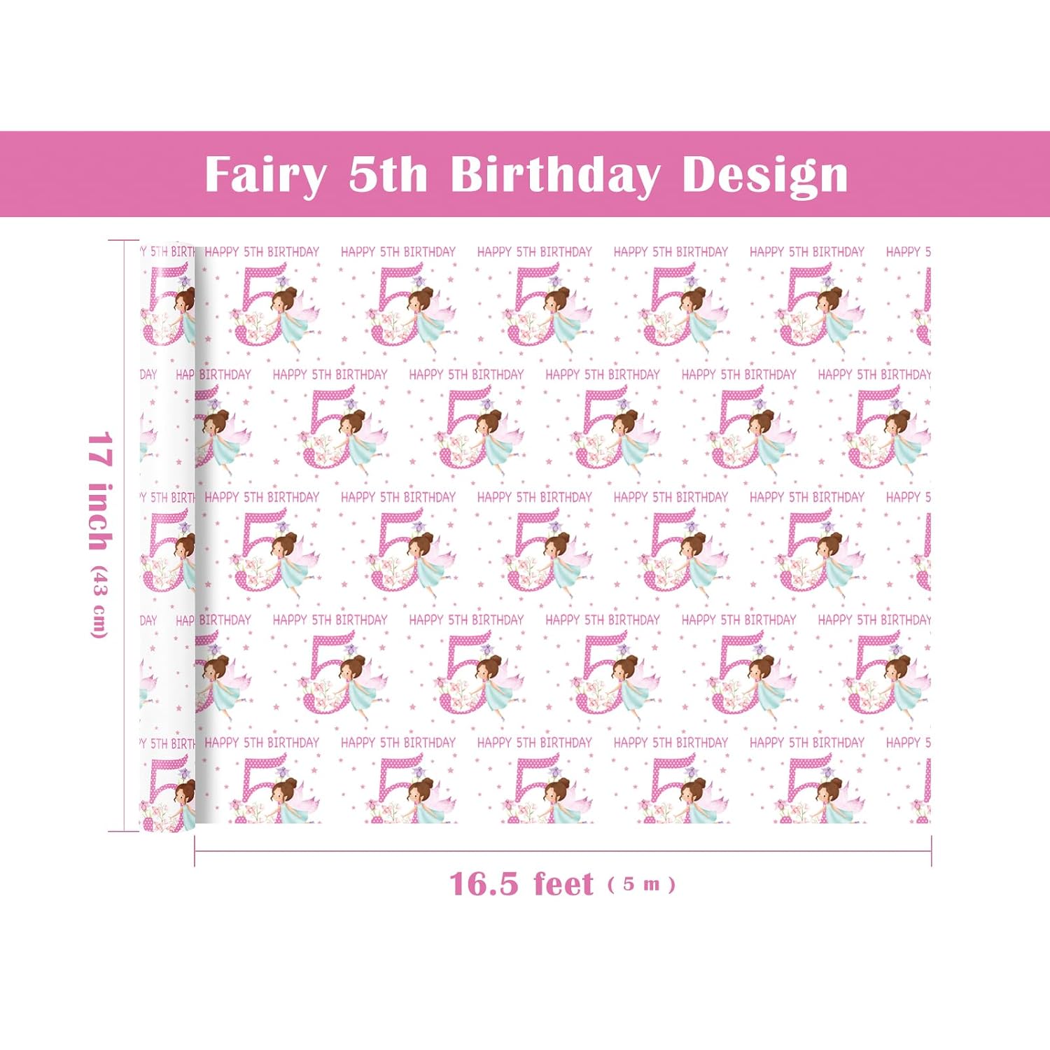 Girls 5Th Birthday Wrapping Paper Roll - Mini Roll - 17 Inch X 16.5 Feet - Girl Fairy Happy 5Th Birthday Wrapping Paper Perfect For Kids Girls, Baby Shower, Party