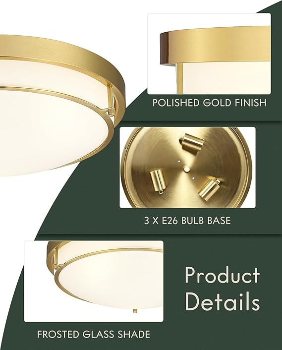 16 Inch Modern Flush Mount Ceiling Light 3-Light Polished Gold Fixture