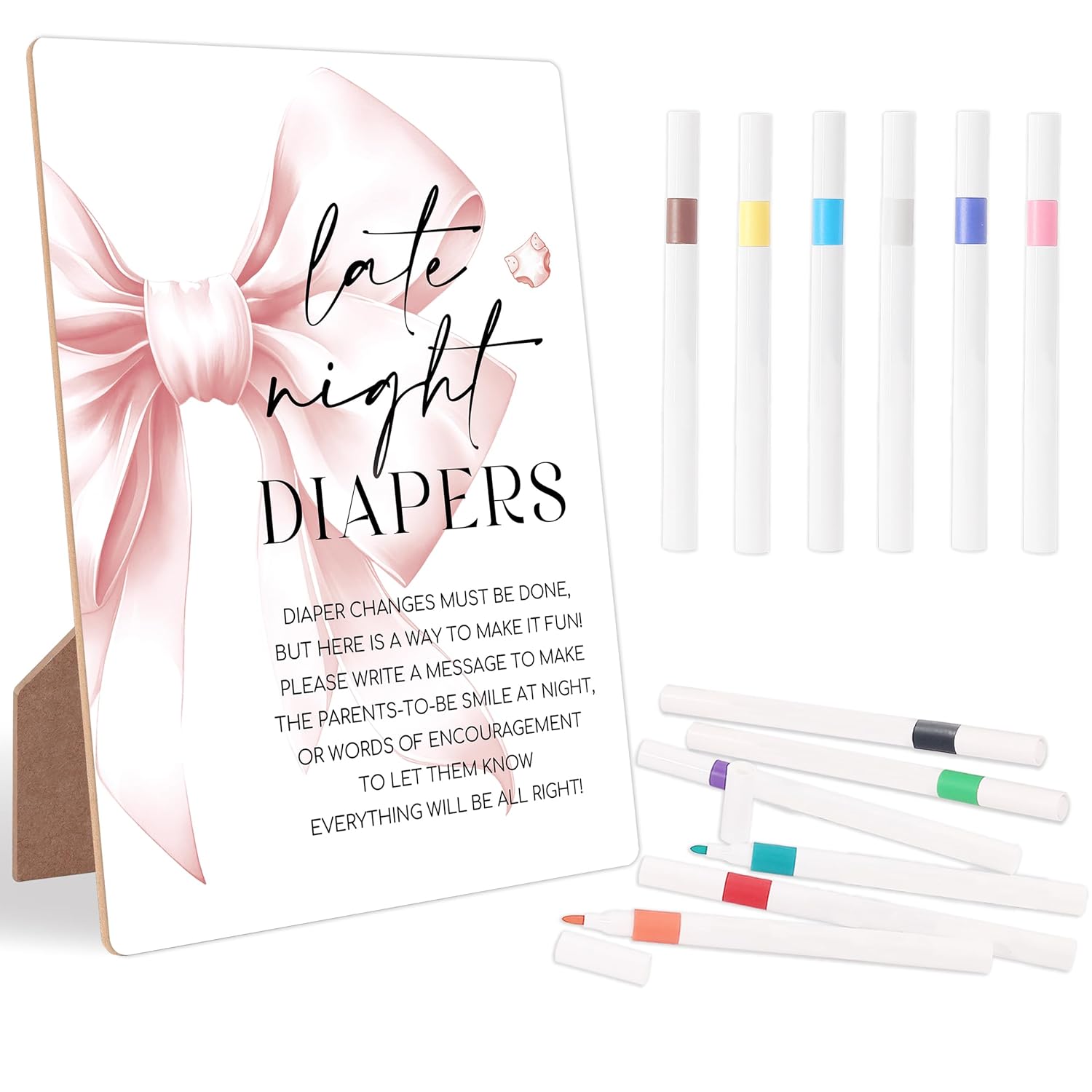 Late Night Diapers Sign, Pink Bow Wood Sign With Stand And 12 Pens, Baby Shower Game, Diaper Party Decorations, Gender Reveal Games, Gender Reveal Neutral Decorations, Gender Neutral Baby Gift,2
