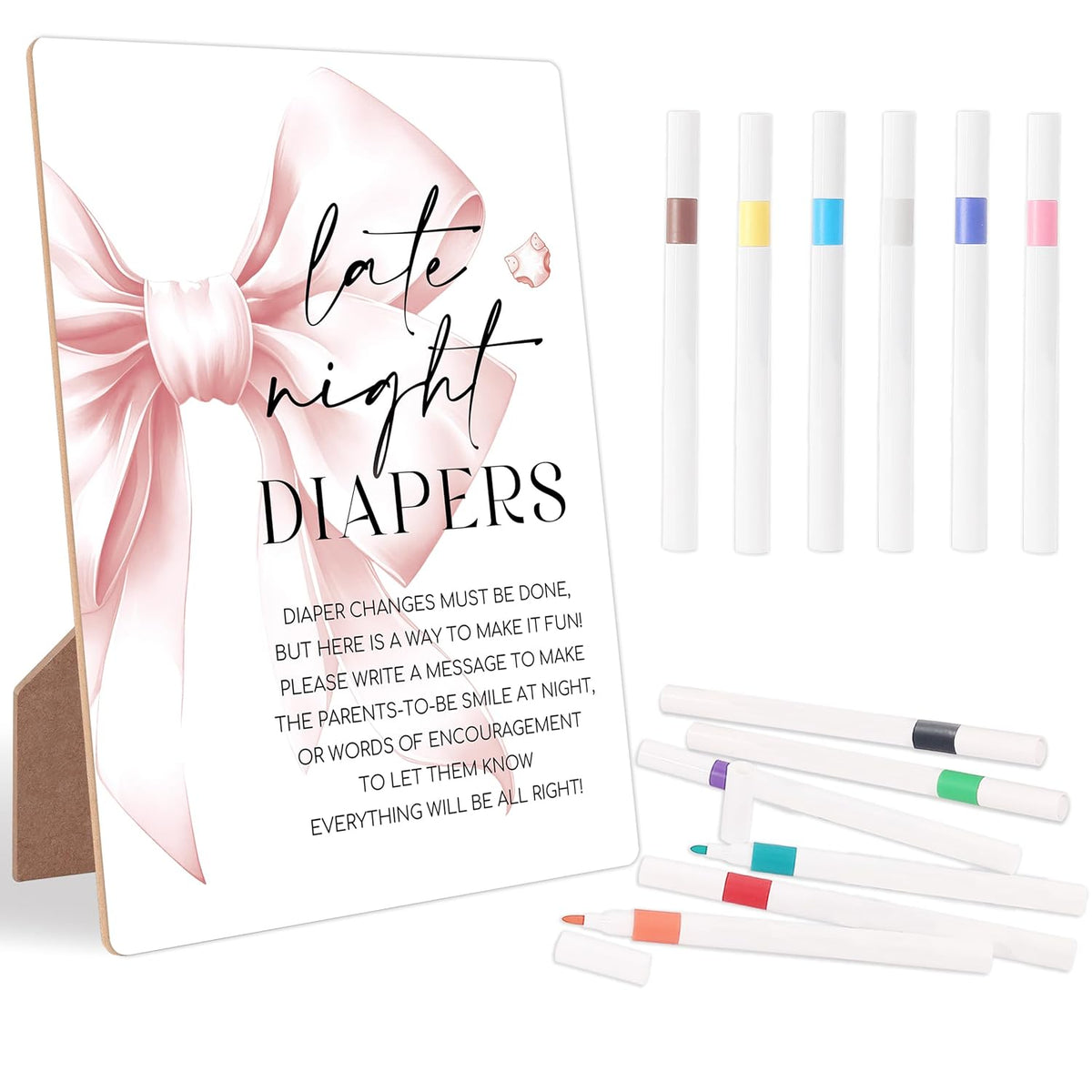 Late Night Diapers Sign, Pink Bow Wood Sign With Stand And 12 Pens, Baby Shower Game, Diaper Party Decorations, Gender Reveal Games, Gender Reveal Neutral Decorations, Gender Neutral Baby Gift,2