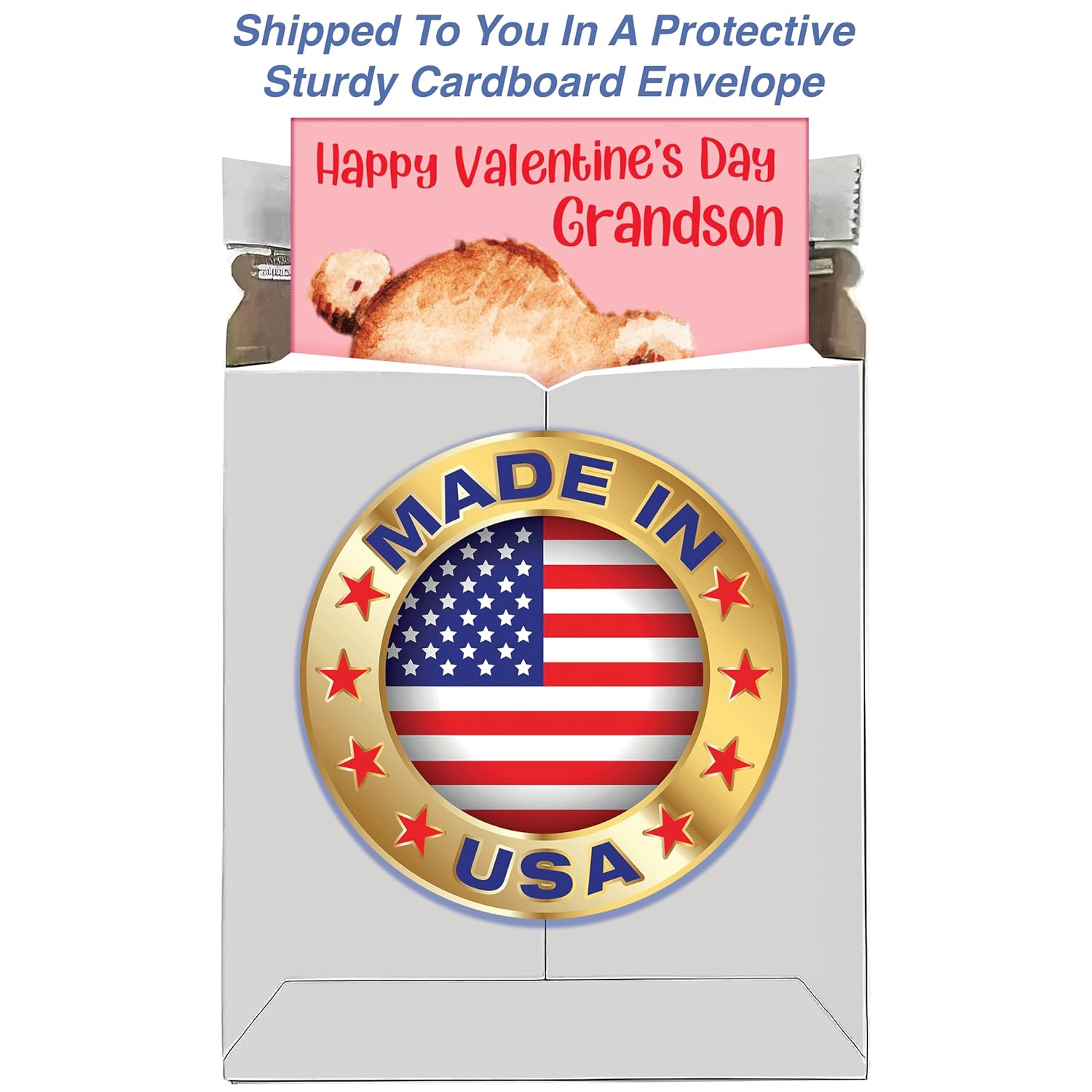 Grandson Valentine'S Day Card - Large Card Opens To 10" X 7.75" - Made In Chicago - Very Cute Teddy Bear With Heart - Premium Envelope Included & Shipped In Extra Sturdy Mailer - - #301