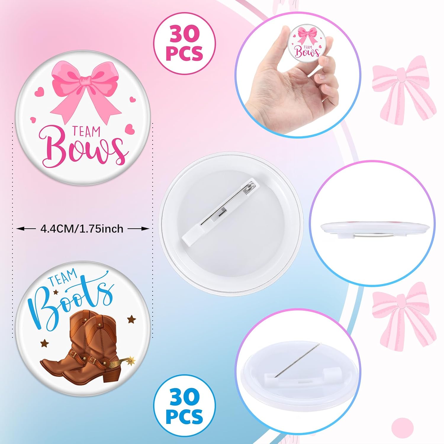 60 Pcs Boots Or Bows Gender Reveal Pins, Funny Baby Shower Team Boots Or Bows Gender Reveal Decorations For Party Supplies Blue And Pink Team Button Pins Games Decorations