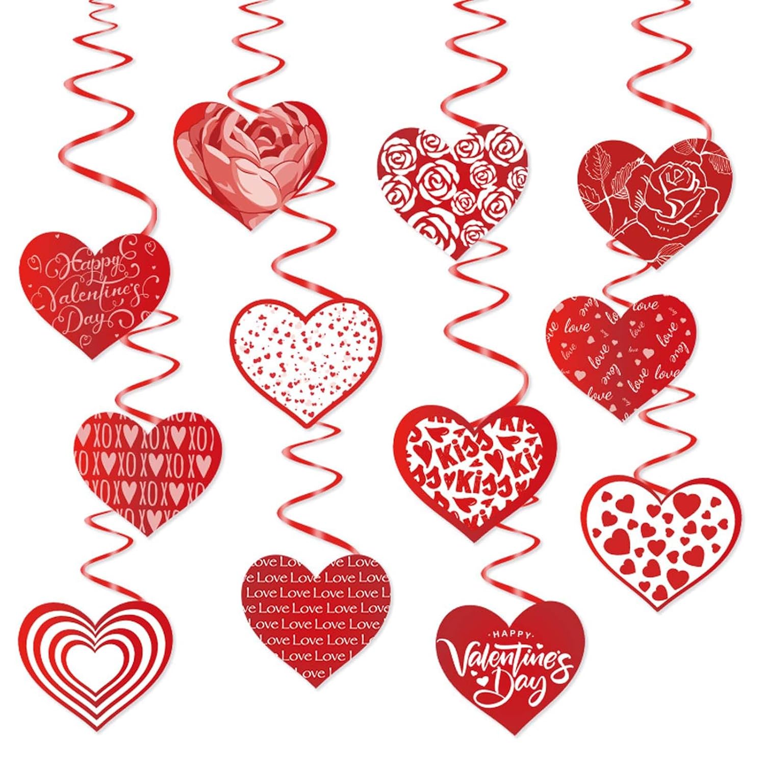 Happy Valentine'S Day Decorations 12Pcs - Heart Hanging Ornaments With Rose & Kiss Me Phrases, Xoxo Red Heart Swirl Spiral Garland For Valentine'S Party, Home, Wedding Decor