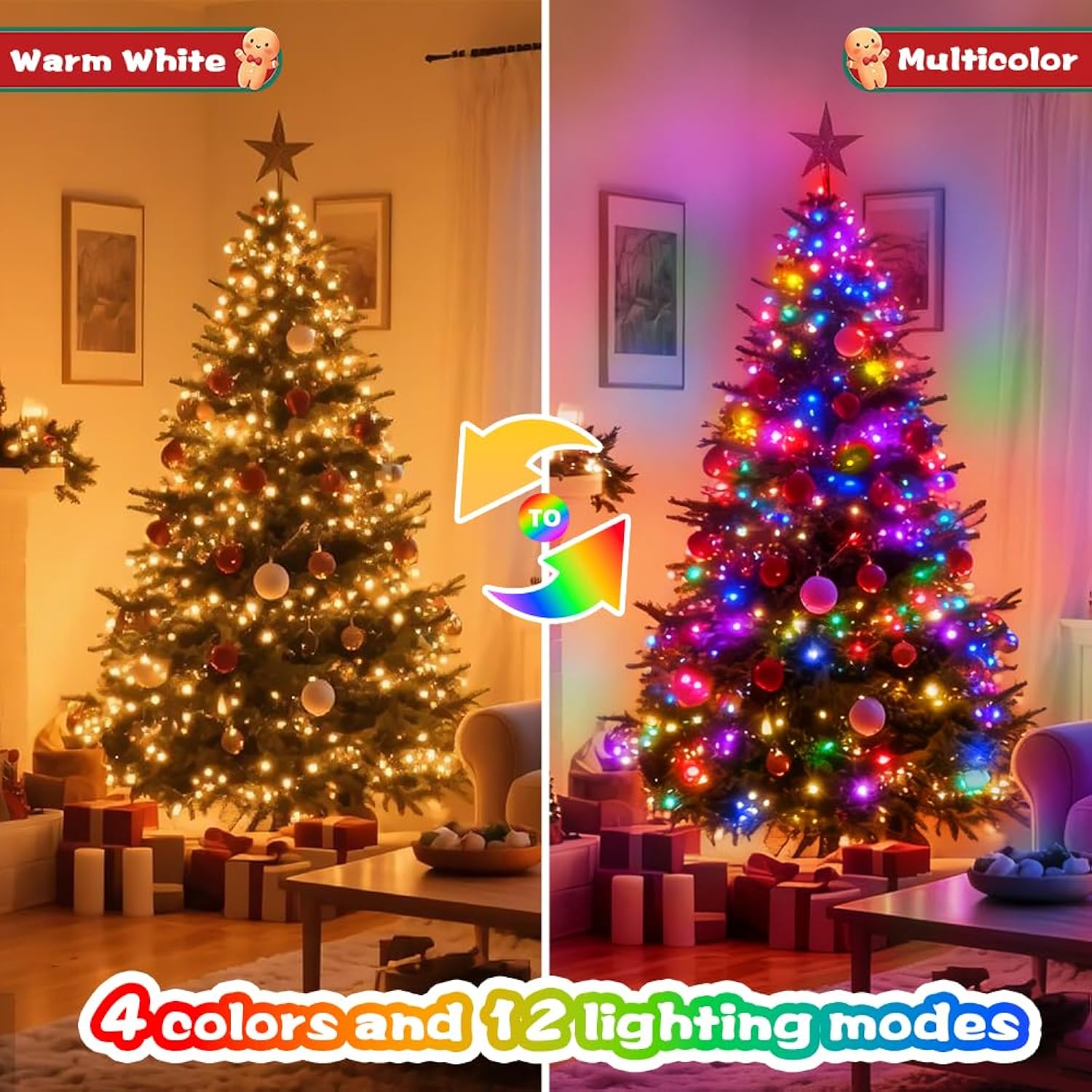 Battery Christmas Lights With Remote 4 Pack, 17Ft 50 Led Dual Color Changing Mini String Light With 3 Auto-Timer Options
