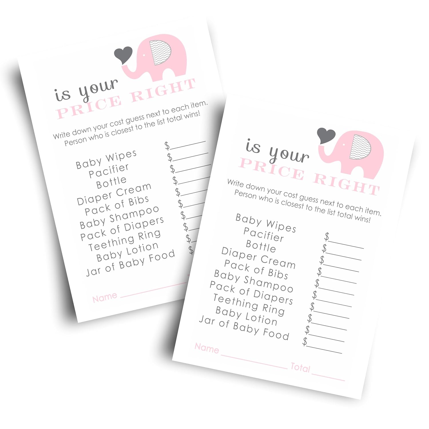 Pink Elephant Guess The Price Baby Shower Games - 25 Cards - Modern Princess Themed Baby Shower Game Ideas - Jungle Animal 4X6 Printed Set