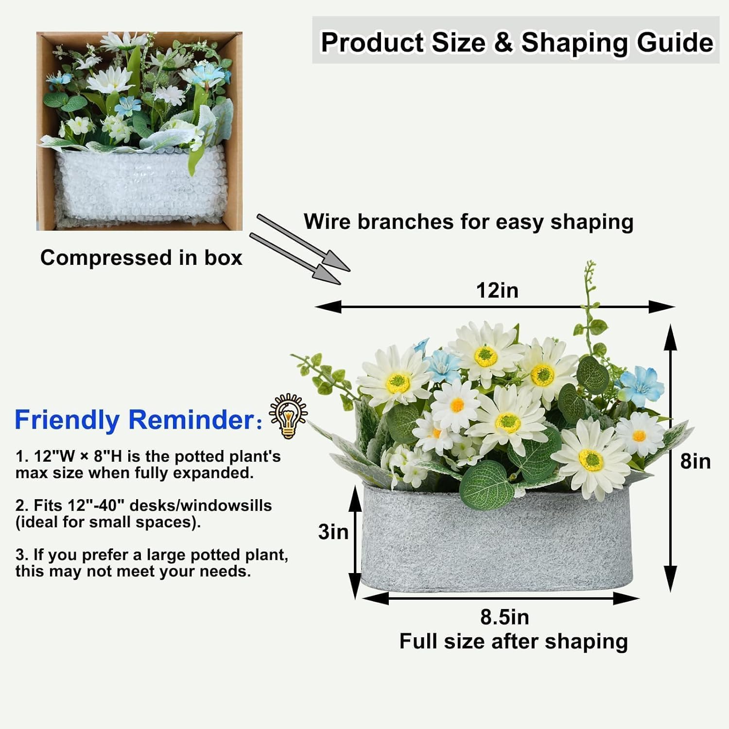 Floral Centerpieces For Tables, 12 Inch Small Artificial Flowers In Metal Pot With White Daisy Arrangement, Farmhouse Fake Potted Faux Plant For Spring Summer All Season Indoor Outdoor Decor