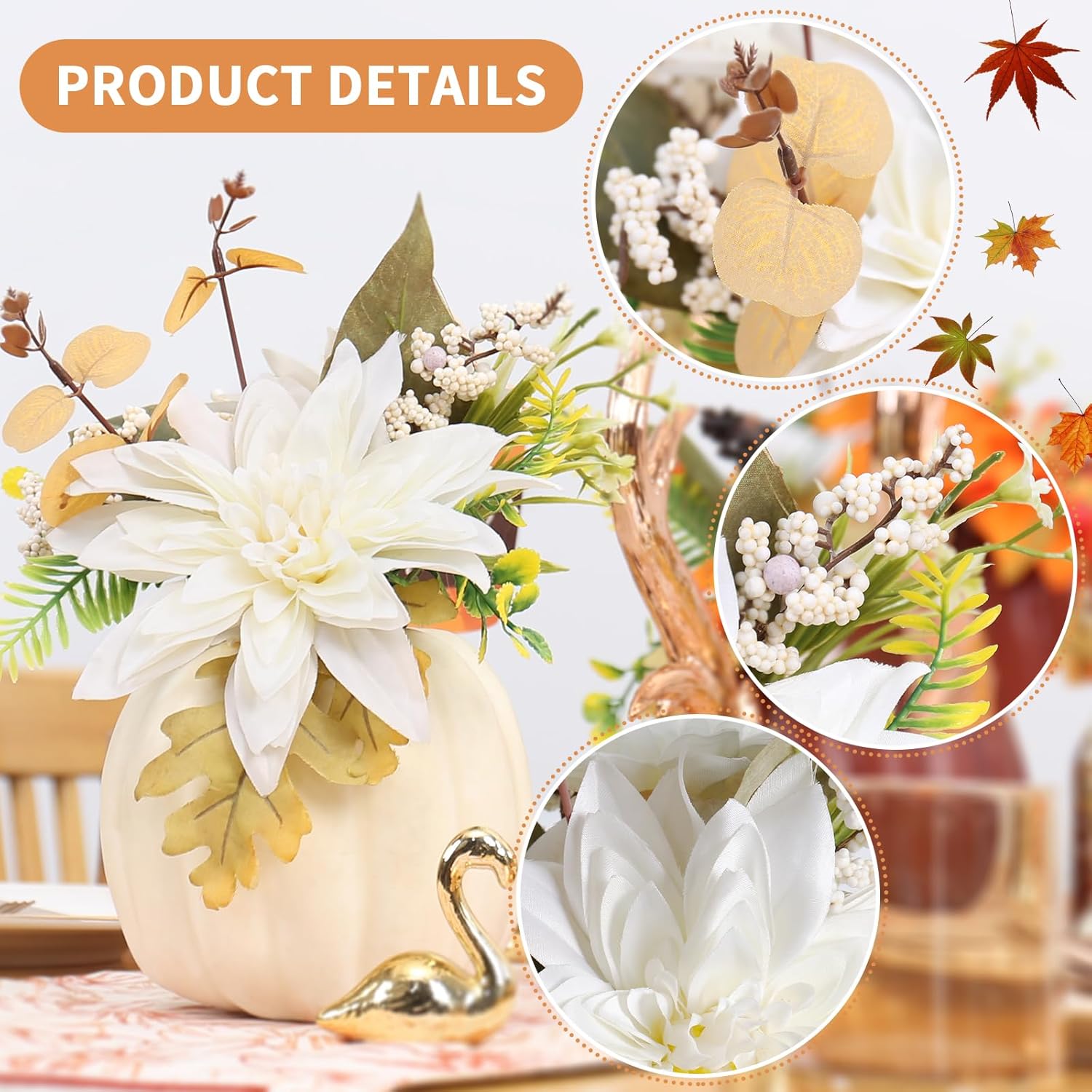 Fall Pumpkins Decor, White Artificial Flower Plant Berry Foam Faux Big Pumpkins Decorations, For Autumn Harvest Thanksgiving Wedding Fireplace Table Centerpieces Party Decor.