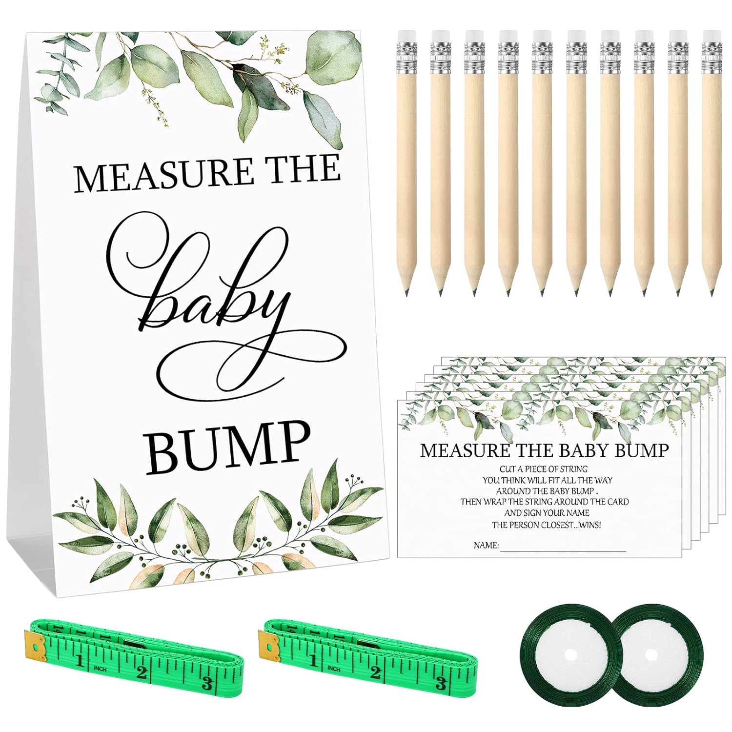 65 Pcs Baby Shower Game Set Include Greenery Theme Measure The Baby Bump Sign 50 Leaves Guessing Cards 10 Pencils 2 Green Measuring Tapes And 2 Green Ribbon For Gender Reveal Party Game