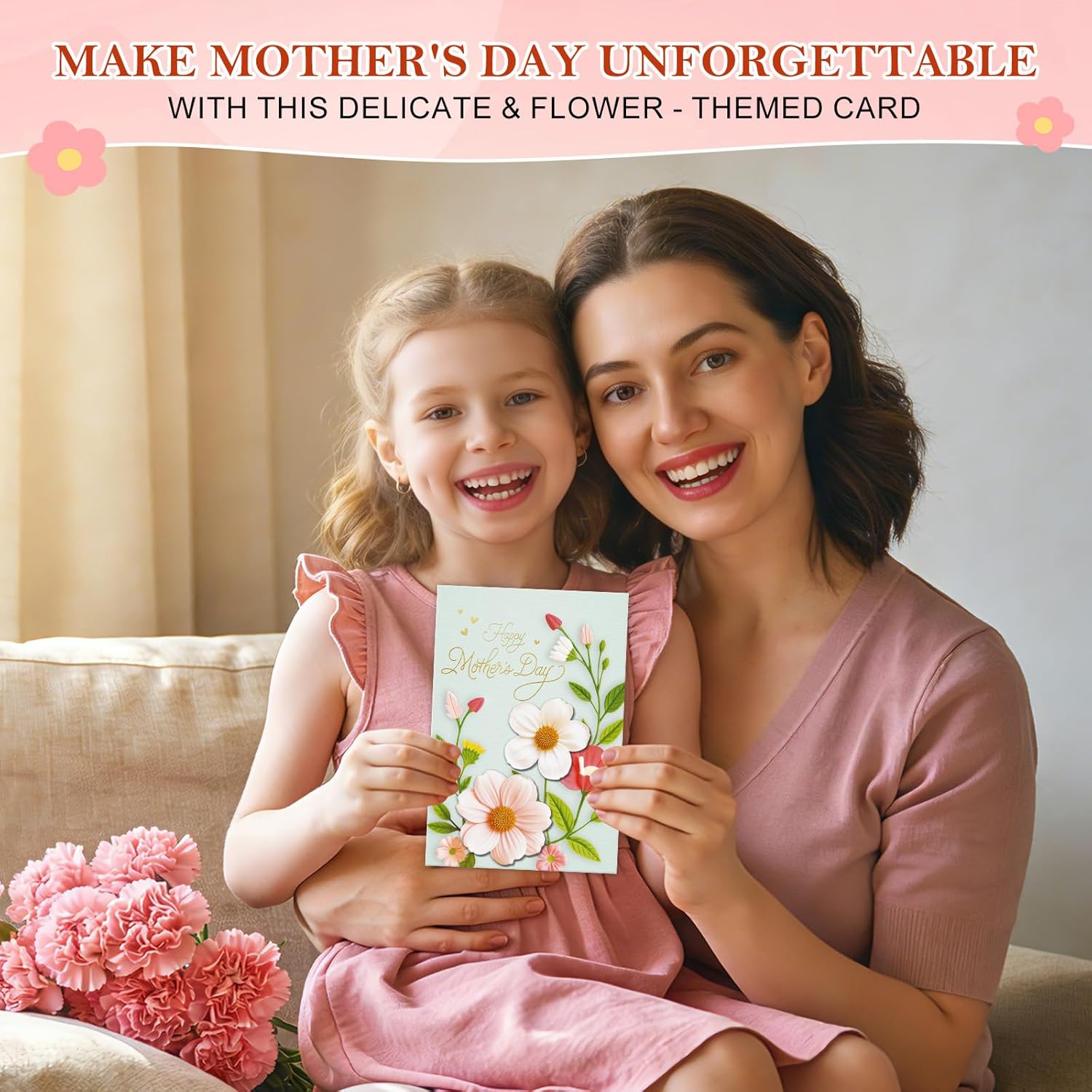 Mothers Day Card With Envelope - 5.5"X8" 3D Flower Golden Foil Design Happy Mothers Day Card Prefect Gifts For New Moms Grandma Wife Sister