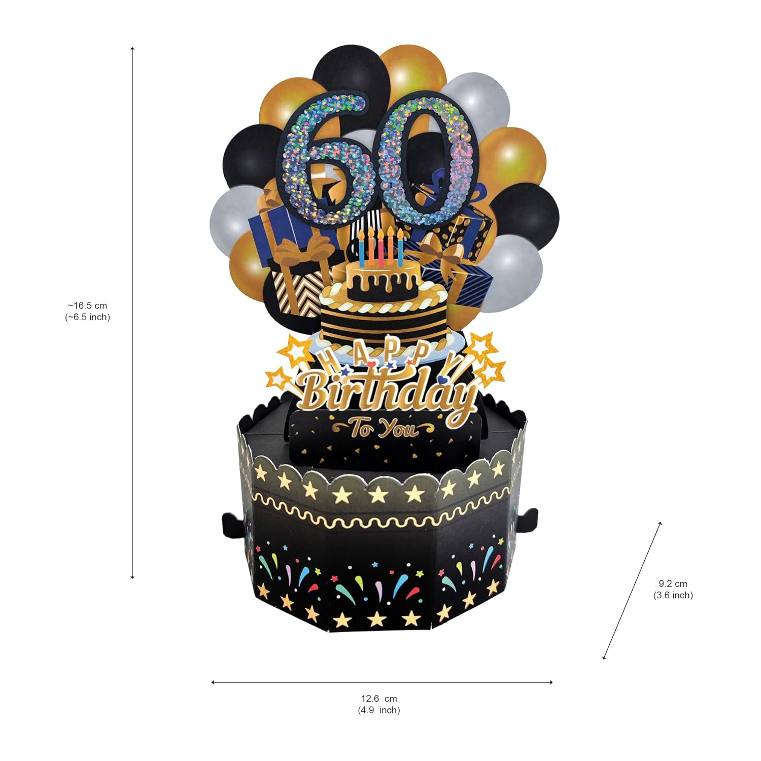 60Th Birthday Cards 3D Popup Birthday Greeting Cards - Birthday Greeting Card For Men, Women, Mom,Dad And Grandparents With Blank Note And Envelope Included (Black Gold)